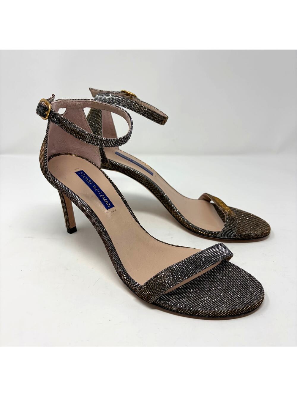 STUART WEITZMAN Metallic Stiletto Ankle Strap Heels (7.5)